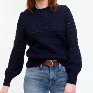 NWOT$98 J. Crew balloon sleeves pointelle navy sweater XS, 36” bust, 24” Long.